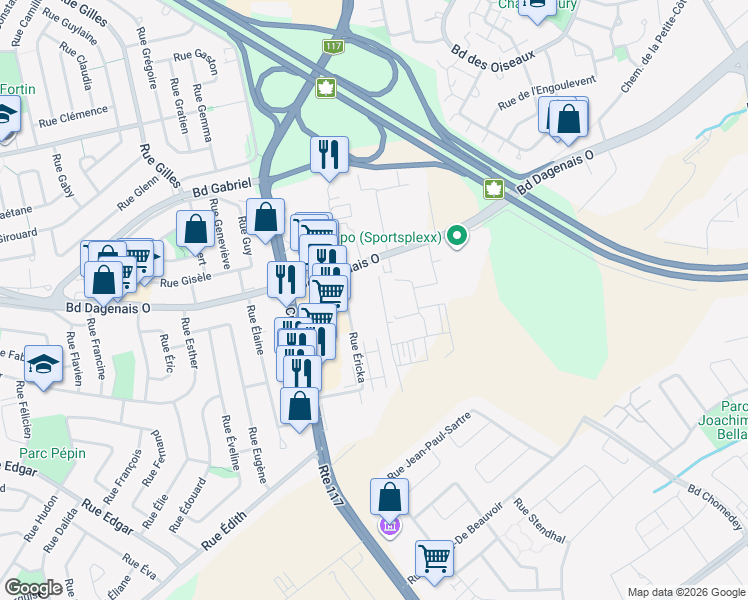 map of restaurants, bars, coffee shops, grocery stores, and more near 457 Rue Éricka in Laval