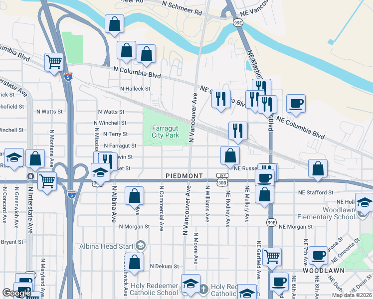 map of restaurants, bars, coffee shops, grocery stores, and more near 7661 North Vancouver Avenue in Portland