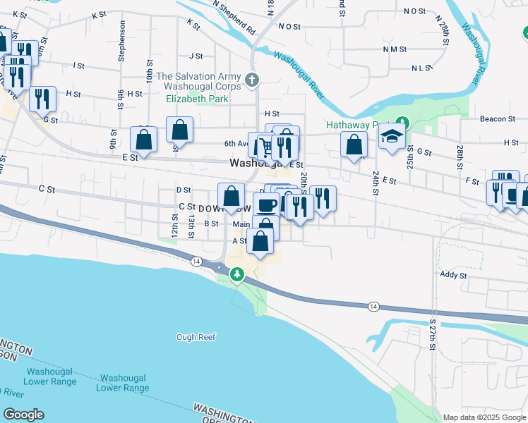 map of restaurants, bars, coffee shops, grocery stores, and more near 1702 C St in Washougal