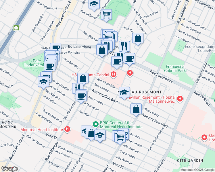 map of restaurants, bars, coffee shops, grocery stores, and more near 6794 Rue Chatelain in Montréal