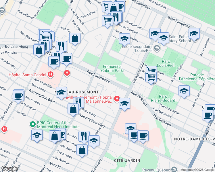 map of restaurants, bars, coffee shops, grocery stores, and more near 5698 Rue Hector-Desloges in Montréal
