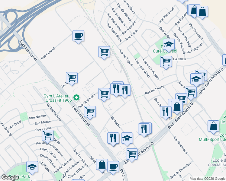 map of restaurants, bars, coffee shops, grocery stores, and more near 2040 Avenue Francis-Hughes in Laval