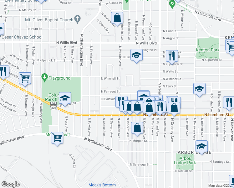 map of restaurants, bars, coffee shops, grocery stores, and more near 3514 North Farragut Street in Portland