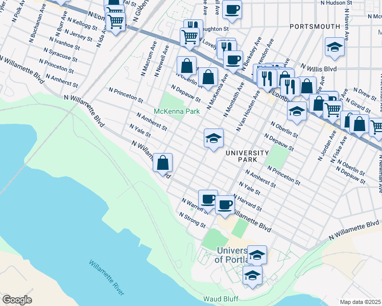 map of restaurants, bars, coffee shops, grocery stores, and more near 5819 North Yale Street in Portland
