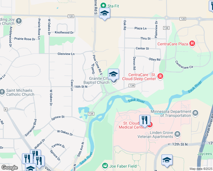 map of restaurants, bars, coffee shops, grocery stores, and more near 1530 Pine Cone Road South in St. Cloud