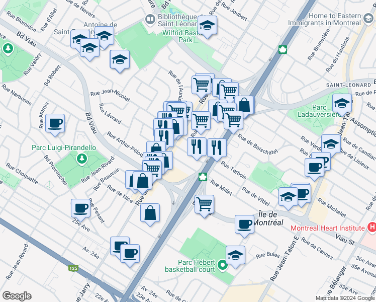 map of restaurants, bars, coffee shops, grocery stores, and more near 7935 Rue des Forges in Montréal