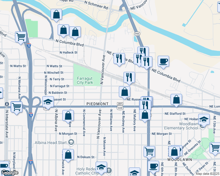 map of restaurants, bars, coffee shops, grocery stores, and more near 6 North Farragut Street in Portland