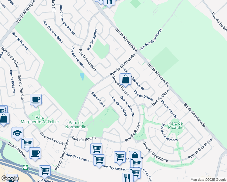 map of restaurants, bars, coffee shops, grocery stores, and more near 1191 Rue de Honfleur in Boucherville