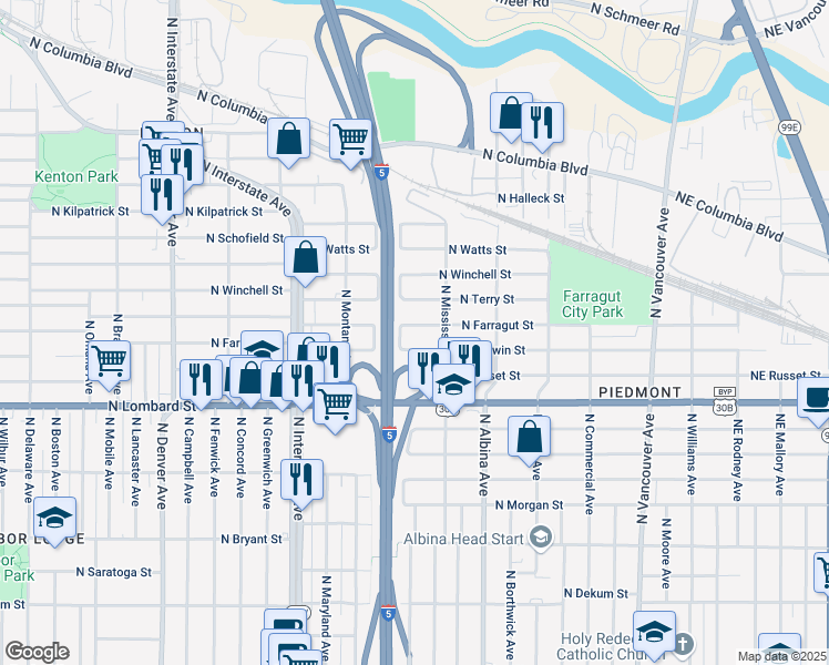 map of restaurants, bars, coffee shops, grocery stores, and more near 1020 North Farragut Street in Portland