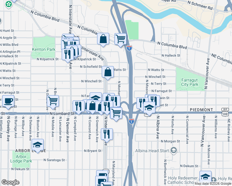 map of restaurants, bars, coffee shops, grocery stores, and more near 1312 North Farragut Street in Portland