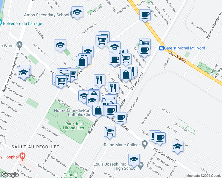 map of restaurants, bars, coffee shops, grocery stores, and more near 9992 Avenue de Cobourg in Montréal