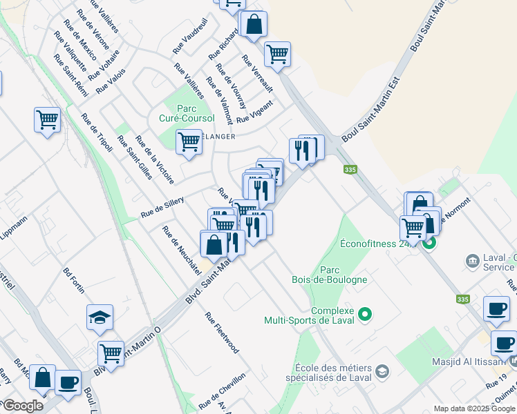 map of restaurants, bars, coffee shops, grocery stores, and more near 321 Boulevard Saint-Martin Ouest in Laval