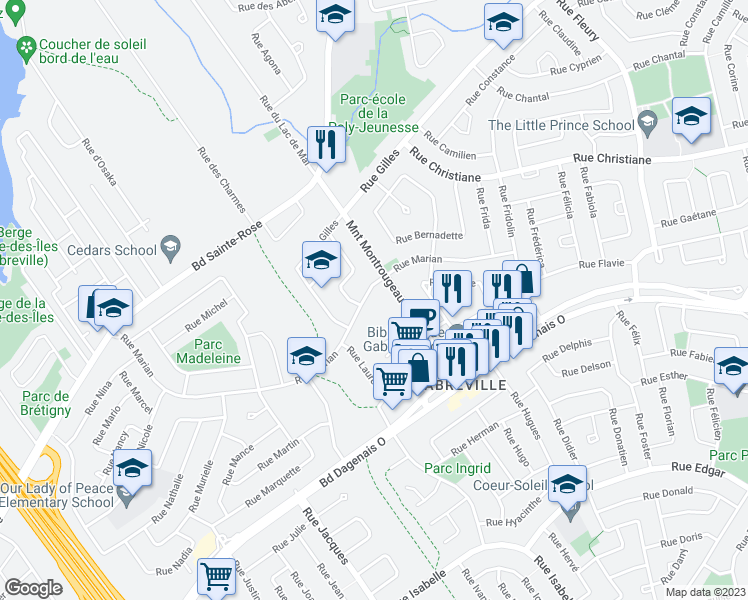 map of restaurants, bars, coffee shops, grocery stores, and more near 3510 Rue Marian in Laval