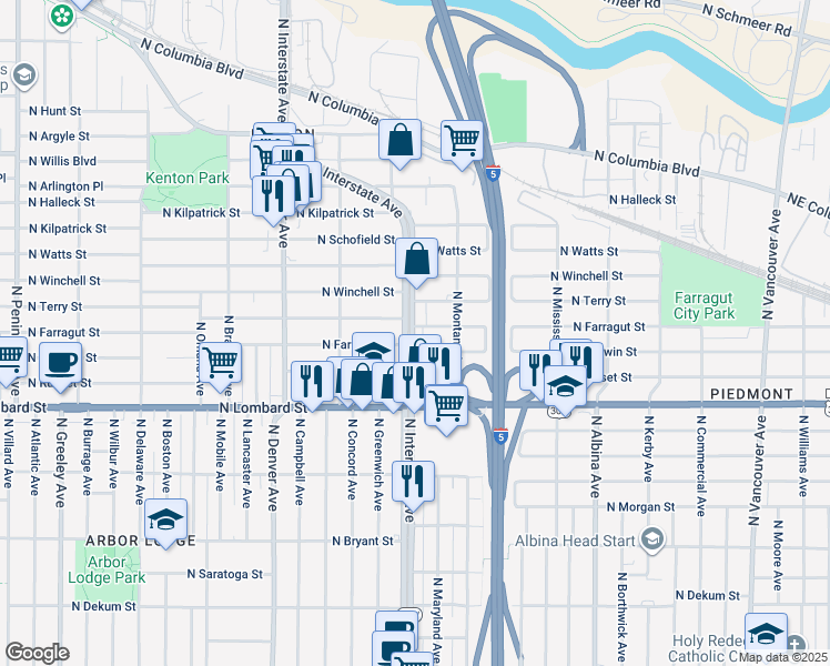 map of restaurants, bars, coffee shops, grocery stores, and more near 7690 North Interstate Avenue in Portland