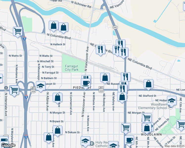 map of restaurants, bars, coffee shops, grocery stores, and more near 6 North Farragut Street in Portland