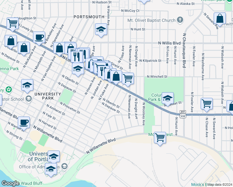 map of restaurants, bars, coffee shops, grocery stores, and more near 7457 North Olin Avenue in Portland