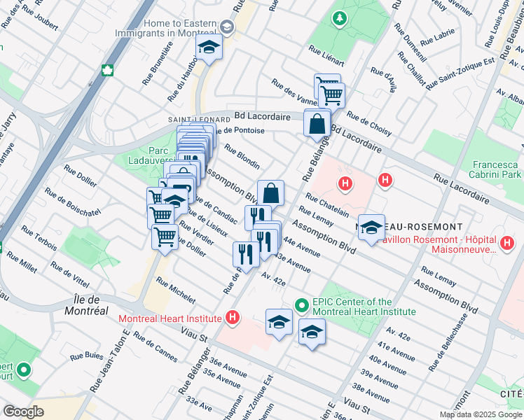 map of restaurants, bars, coffee shops, grocery stores, and more near 6990 Boulevard de l'Assomption in Montréal