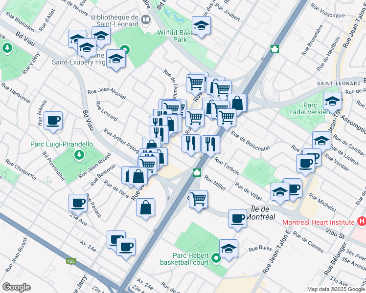 map of restaurants, bars, coffee shops, grocery stores, and more near 7935 Rue des Forges in Montréal
