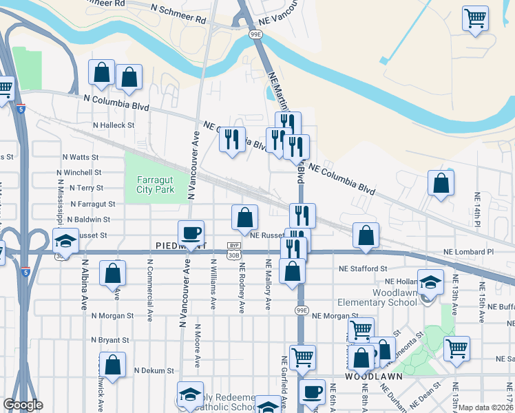 map of restaurants, bars, coffee shops, grocery stores, and more near 100 Northeast Farragut Street in Portland