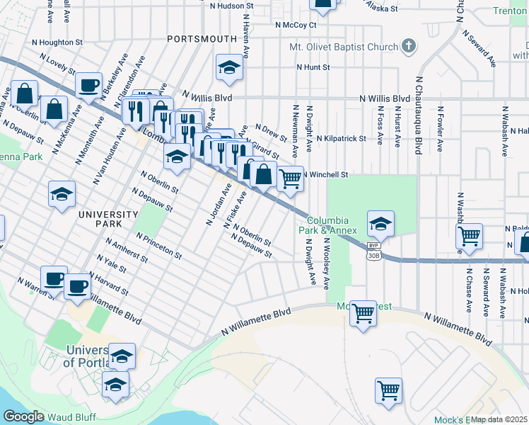 map of restaurants, bars, coffee shops, grocery stores, and more near 7457 North Olin Avenue in Portland