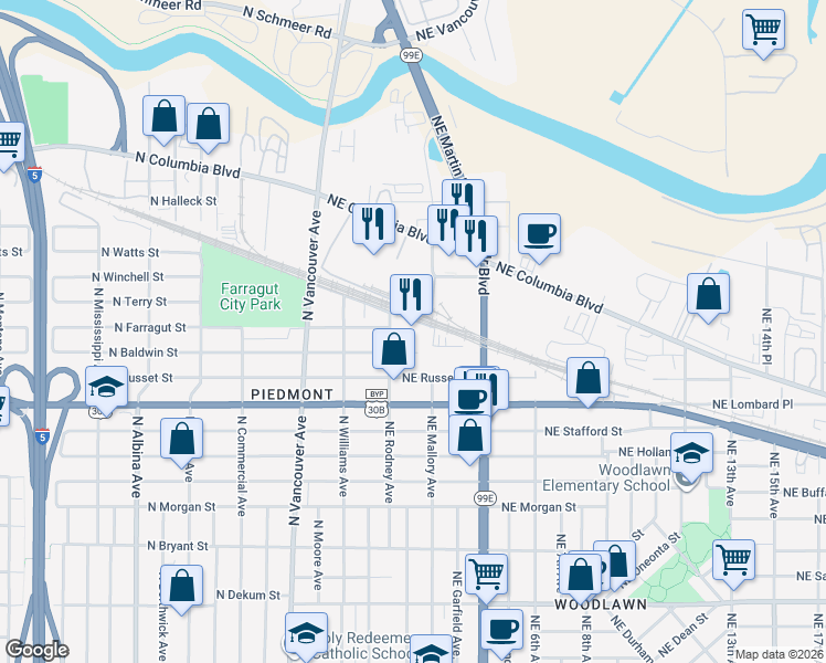 map of restaurants, bars, coffee shops, grocery stores, and more near 100 Northeast Farragut Street in Portland