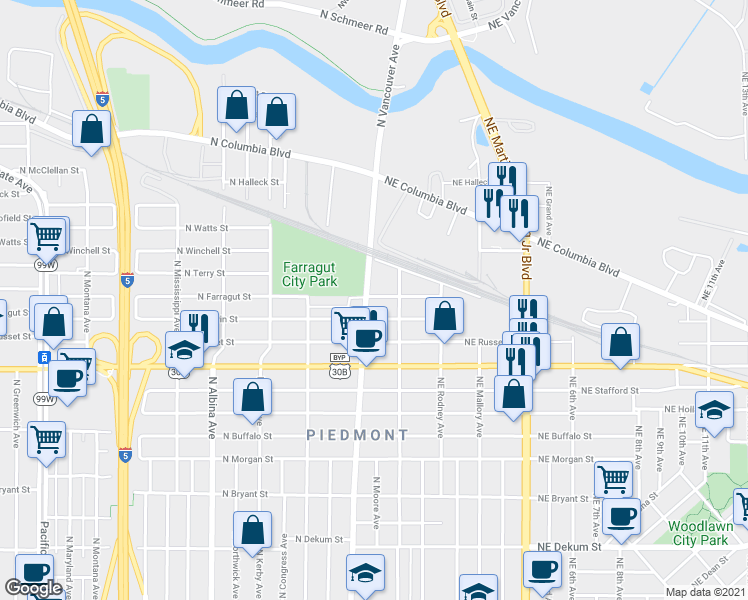 map of restaurants, bars, coffee shops, grocery stores, and more near 7661 North Vancouver Avenue in Portland