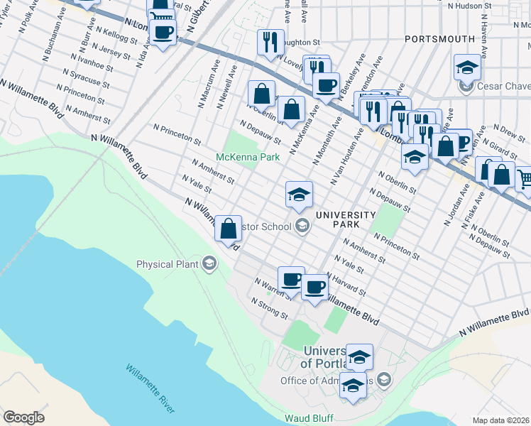 map of restaurants, bars, coffee shops, grocery stores, and more near 5819 North Yale Street in Portland