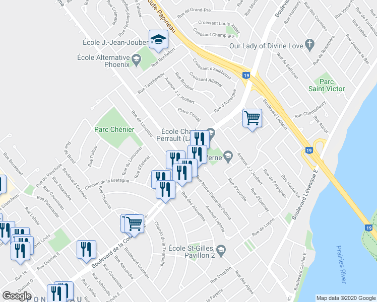 map of restaurants, bars, coffee shops, grocery stores, and more near 1000 Rue Victor-Morin in Laval