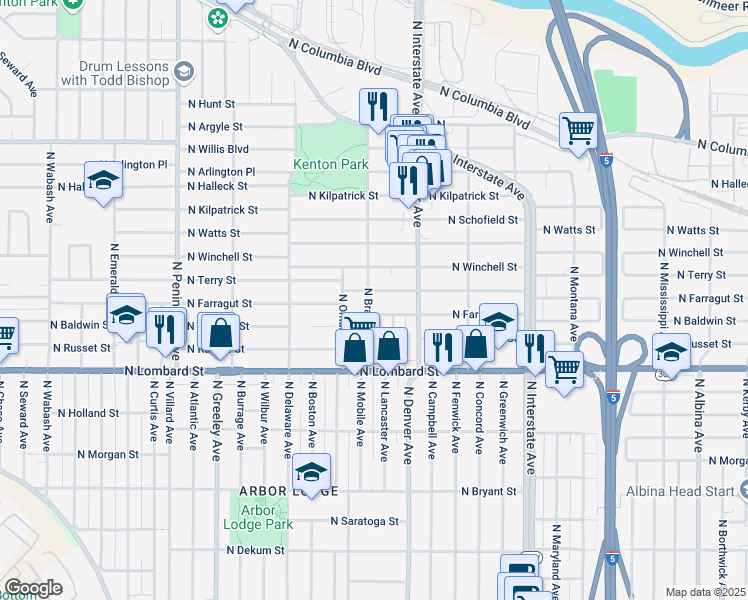 map of restaurants, bars, coffee shops, grocery stores, and more near 2215 North Farragut Street in Portland