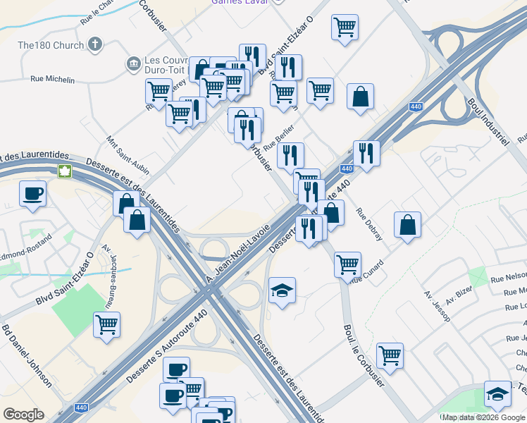 map of restaurants, bars, coffee shops, grocery stores, and more near in Laval