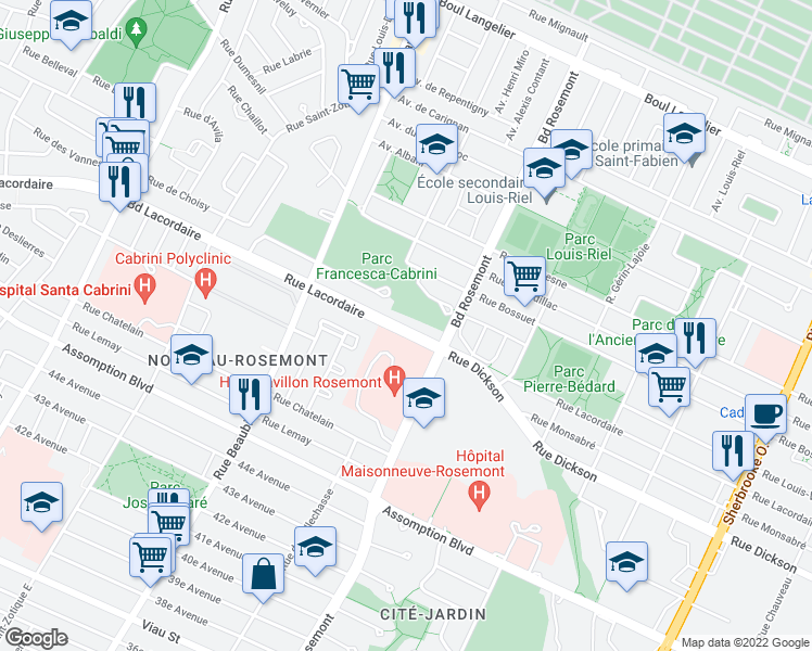 map of restaurants, bars, coffee shops, grocery stores, and more near 6155 Rue Lacordaire in Montreal