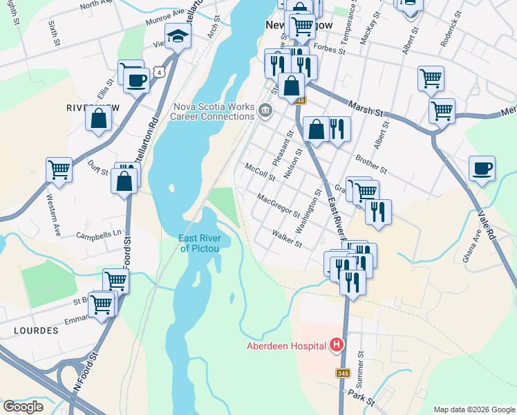 map of restaurants, bars, coffee shops, grocery stores, and more near 520 Pleasant Street in New Glasgow