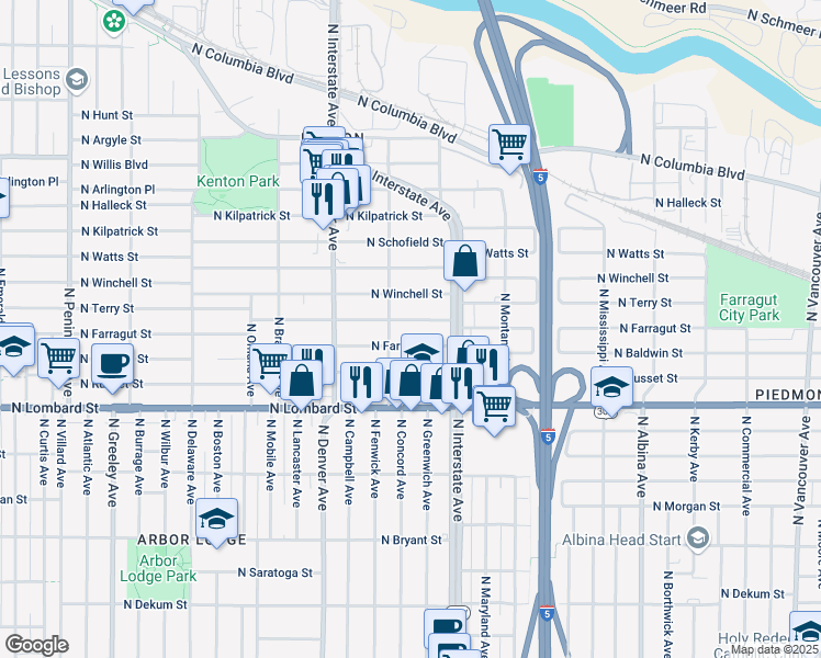 map of restaurants, bars, coffee shops, grocery stores, and more near 1627 North Farragut Street in Portland