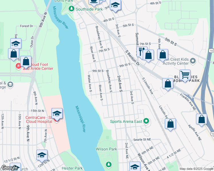 map of restaurants, bars, coffee shops, grocery stores, and more near 1016 River Avenue South in Sauk Rapids