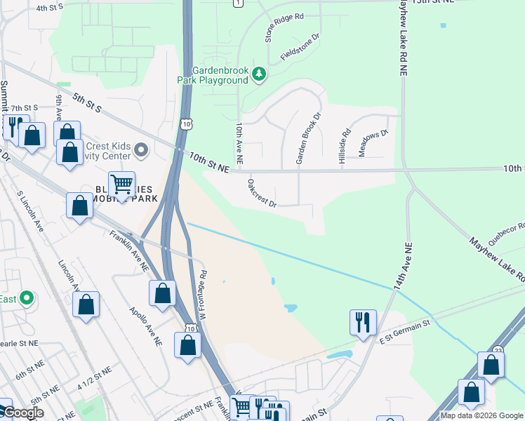 map of restaurants, bars, coffee shops, grocery stores, and more near 1156 Oakcrest Drive in Sauk Rapids