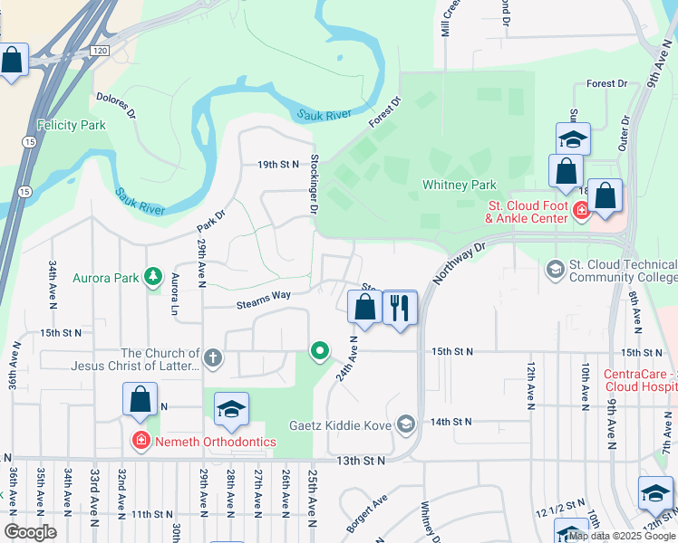 map of restaurants, bars, coffee shops, grocery stores, and more near 1605 25th Avenue North in St. Cloud