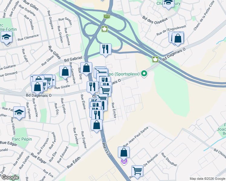 map of restaurants, bars, coffee shops, grocery stores, and more near 471 Rue Éricka in Laval