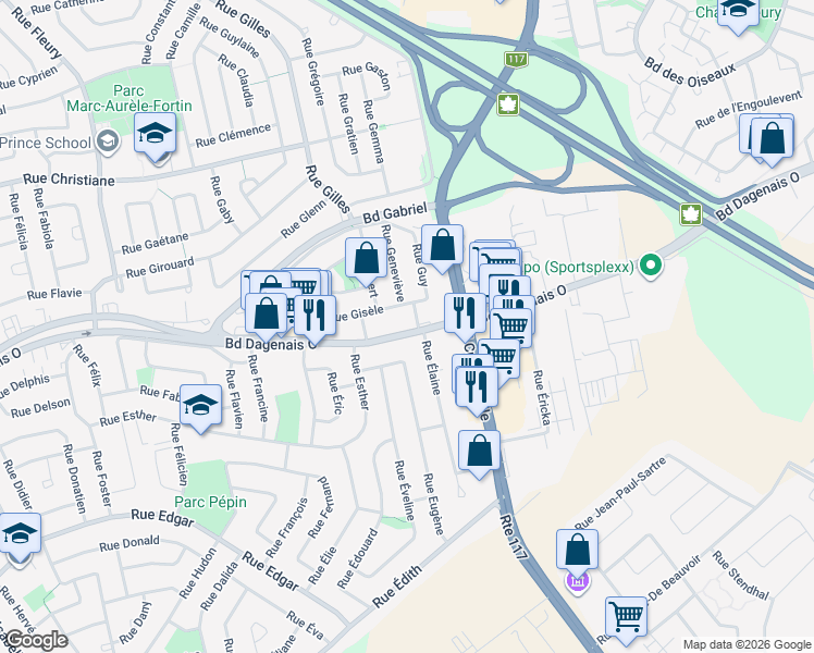 map of restaurants, bars, coffee shops, grocery stores, and more near 3061 Boulevard Dagenais Ouest in Laval