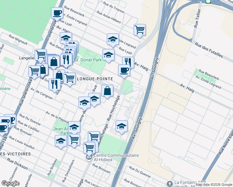 map of restaurants, bars, coffee shops, grocery stores, and more near 6605 Rue Hochelaga in Montréal