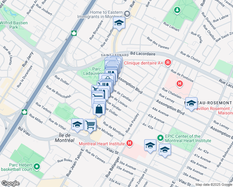 map of restaurants, bars, coffee shops, grocery stores, and more near 7242 Rue de Candiac in Montréal