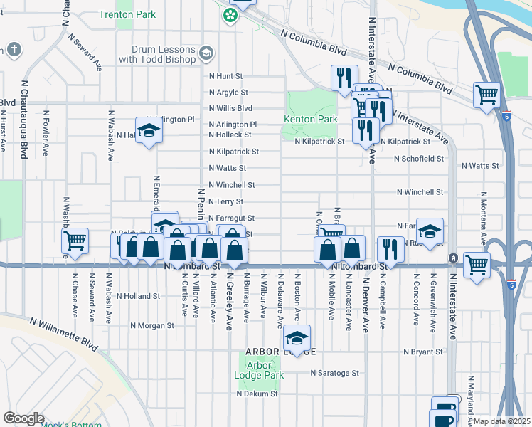 map of restaurants, bars, coffee shops, grocery stores, and more near 2622 North Farragut Street in Portland