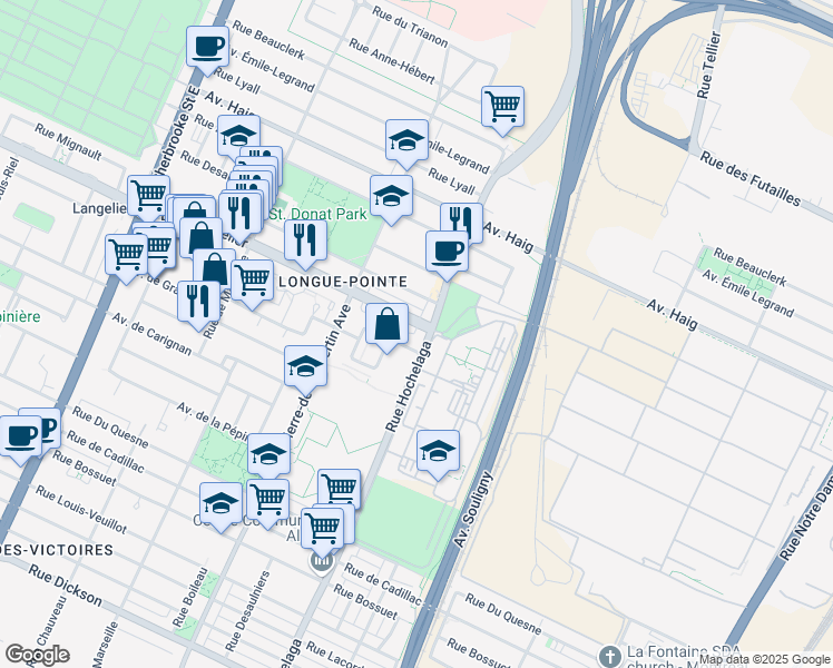 map of restaurants, bars, coffee shops, grocery stores, and more near 6605 Rue Hochelaga in Montréal