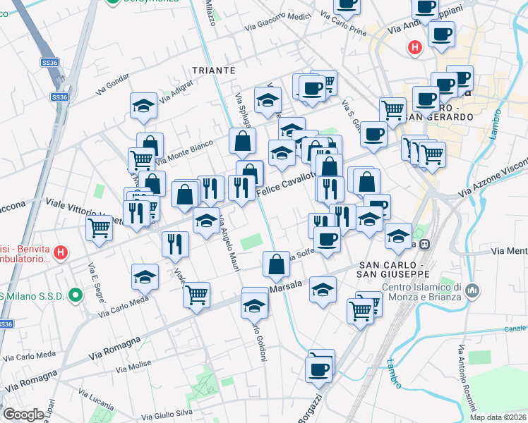 map of restaurants, bars, coffee shops, grocery stores, and more near Ciclabile Villoresi in Monza