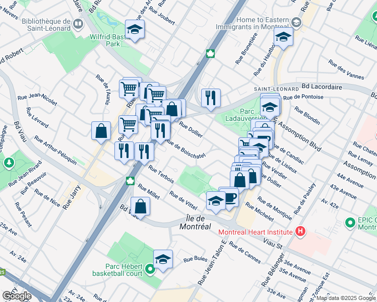 map of restaurants, bars, coffee shops, grocery stores, and more near 7637 Rue de Boischatel in Montréal