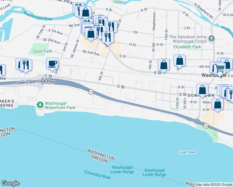 map of restaurants, bars, coffee shops, grocery stores, and more near 255 7th Court in Washougal