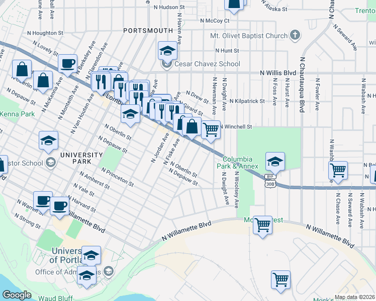 map of restaurants, bars, coffee shops, grocery stores, and more near 7462 North Stockton Avenue in Portland
