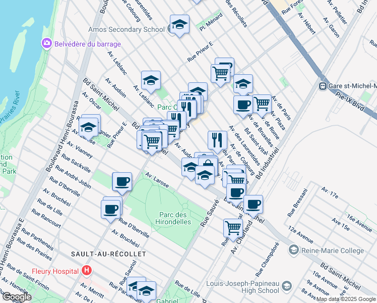 map of restaurants, bars, coffee shops, grocery stores, and more near 10113 Avenue Audoin in Montréal