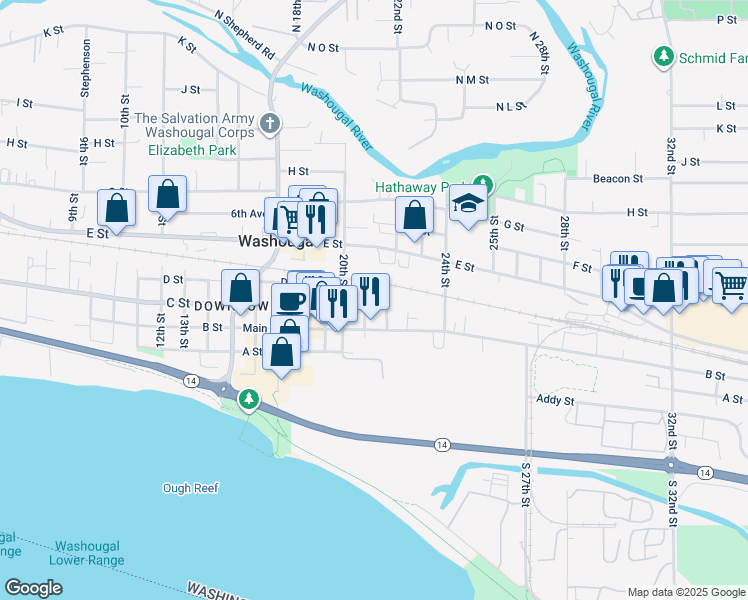 map of restaurants, bars, coffee shops, grocery stores, and more near 230 22nd Street in Washougal