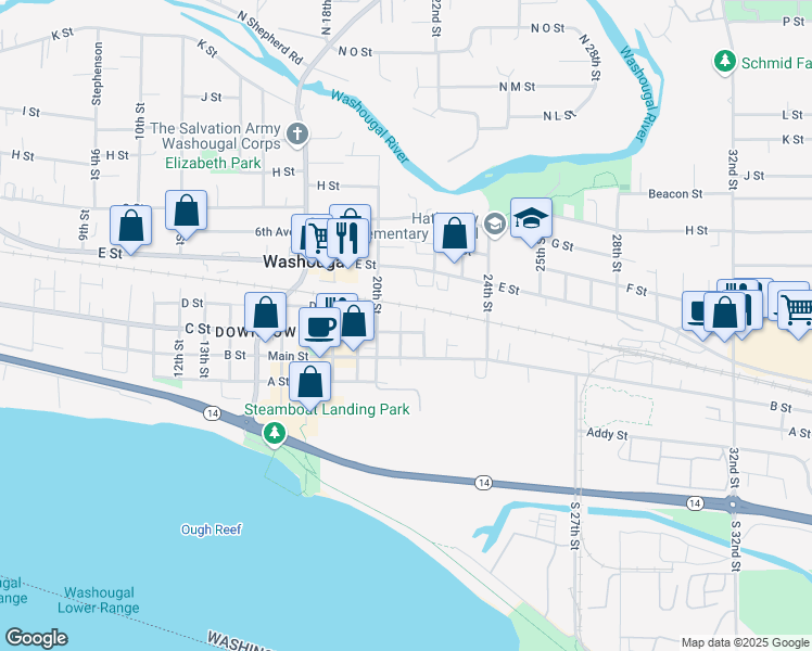 map of restaurants, bars, coffee shops, grocery stores, and more near 2026 C Street in Washougal