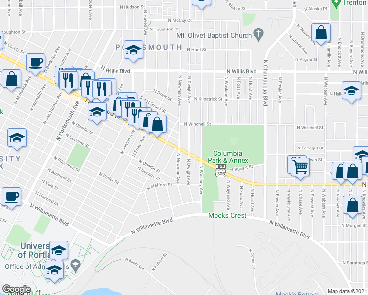 map of restaurants, bars, coffee shops, grocery stores, and more near 4613 North Lombard Street in Portland